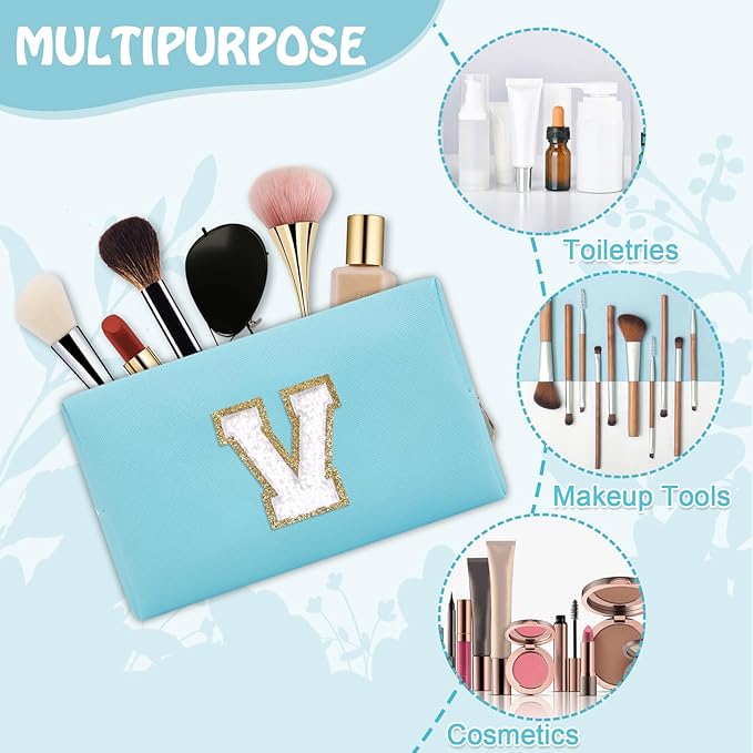 Personalized Initial Preppy Patch Makeup Bag, Cute Blue Cosmetic Organizer Travel Toiletry Zipper Pouch Small Makeup Bag for Purse, PU Leather Make Up Storage Valentines Day Gifts for Women(Letter V)