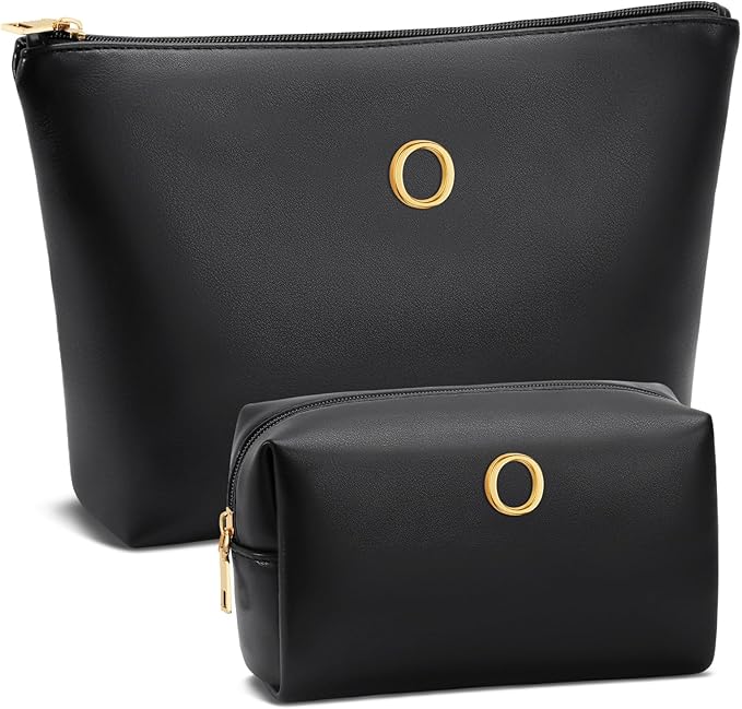 Women Gifts | Initial Makeup Bag Set for Girl Personalized Gifts for Bridesmaid Friend Graduation Teachers PU Leather Cosmetic Travel Toiletry Bag(Black,O)