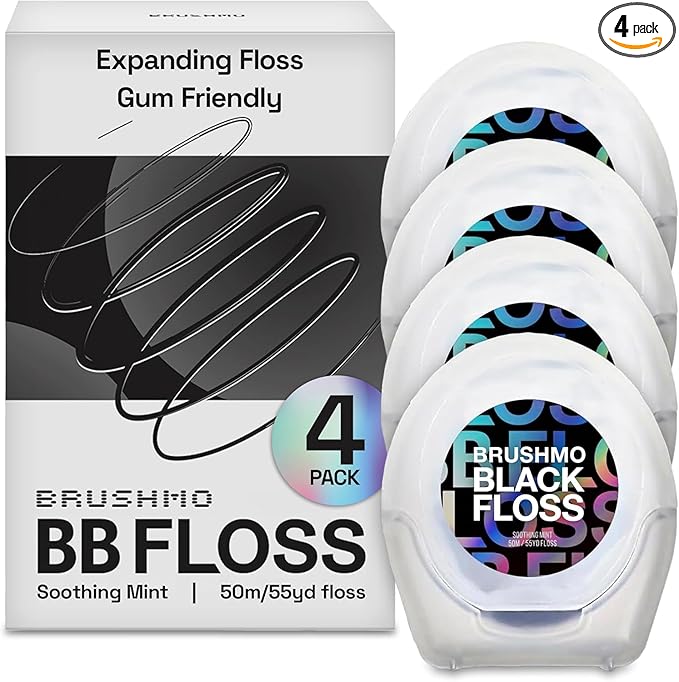 Brushmo Black Floss (BBFloss) - Expanding Floss, Gum-Friendly Soothing Mint Dental Floss, Natural Vegan Wax to Remove Plaque from Teeth, Dentist Designed PTFE & PFAS Free Oral Care, 4 Spools, 220 yd