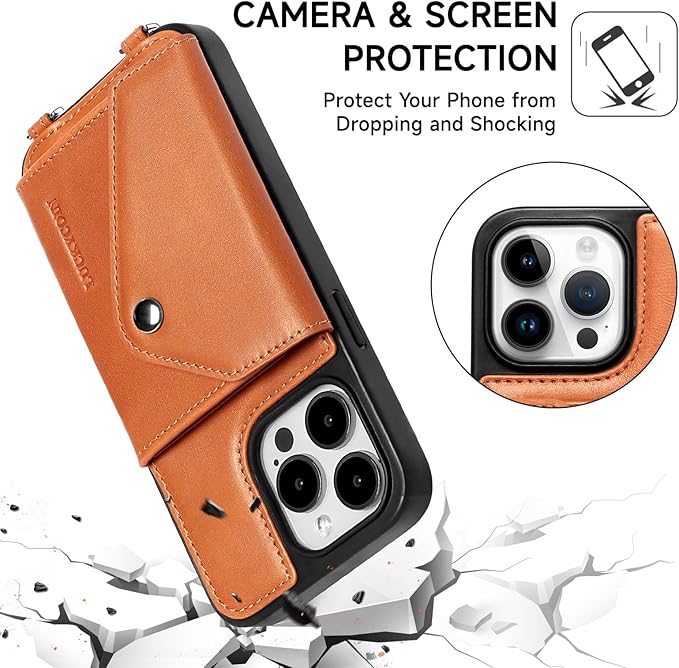 LUCKYCOIN Crossbody Wallet Phone Case for iPhone 15 Pro Max,100% Genuine Leather Wallet Phone Case with Expandable Flip Card Holder,Phone Purse for Women with Adjustable Removable Strap - Brown