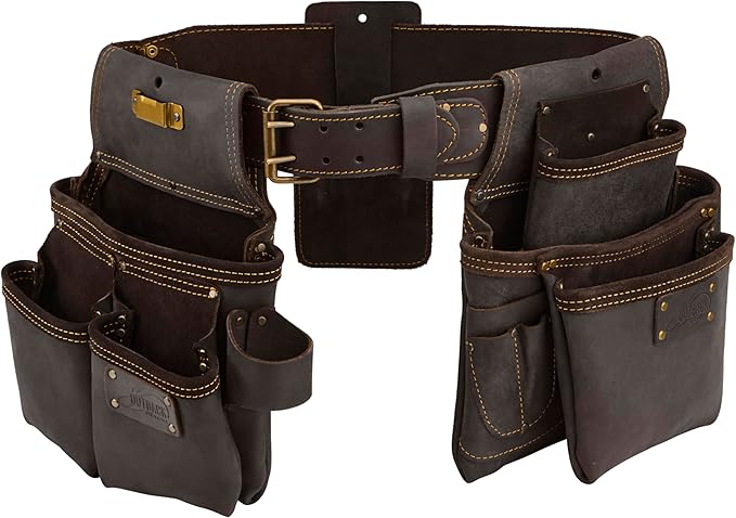 Ox Tools Pro Carpenter Tool Belt - 22-Pocket Leather Tool Belt Pouches - (XL) Belt made of Oil-Tanned Leather with Double-Stitching and Steel Rivets - OX-P263607