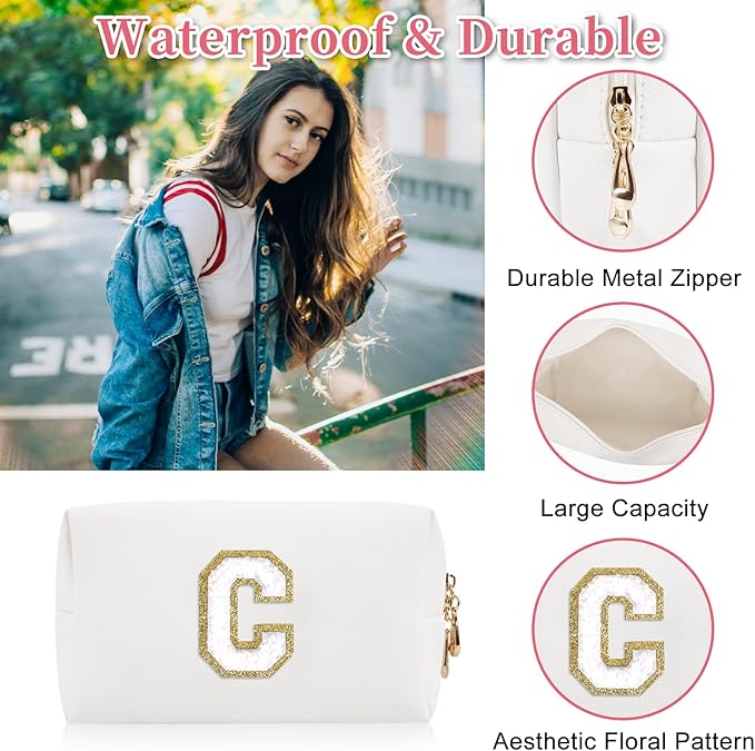 Personalized Initial Letter Patch Makeup Bag, Preppy Portable Chenille Letter Cosmetic Bag with Zipper, PU Leather Waterproof Travel Toiletry Bag Monogram Make Up Pouch for Women Girls(Letter C)