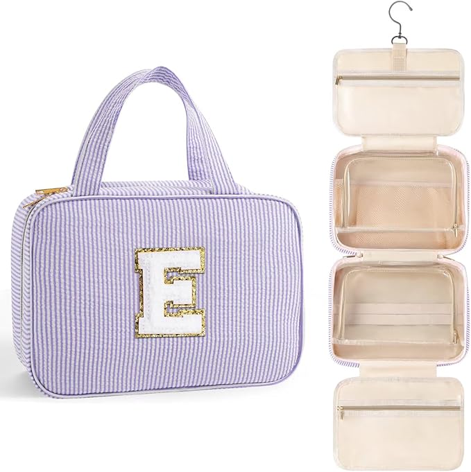 TOPEAST Teen Girl Gifts Trendy Stuff - Birthday Gifts for 7 8 9 10 11 12 13 14 15 16 17 18 Year Old Teen Girls, Hanging Toiletry Bag Initial Makeup Bag - Letter E, Purple
