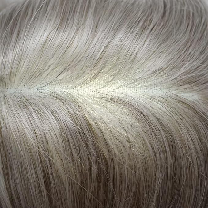 Toupee for Men French Lace Human Hair Replacement Systems Lace Center with Poly Around Hair Piece Mens Toupee Hair Units for Man V-Looped Front Male Hair Units 6"X8" #380 Dark Brown with 80% Gray
