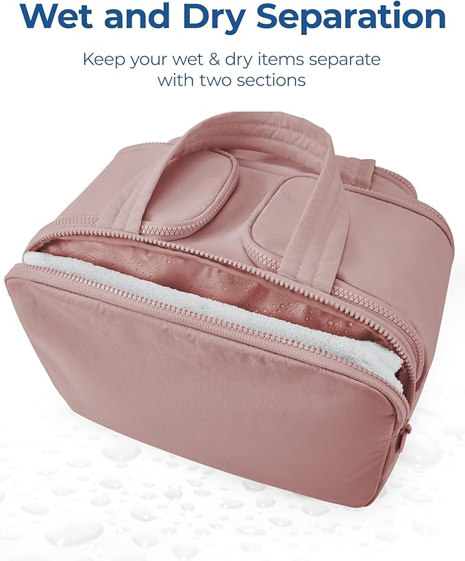 BAGSMART Travel Toiletry Bag, Lightweight Large Wide-open Travel Bag for Women, Puffy Cosmetic Makeup Bag Organizer with Handle for Accessories,Essentials, Toiletries, Dark Pink