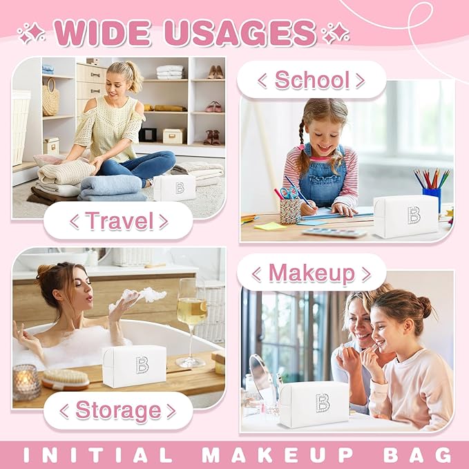 Bride Gifts – Personalized Initial Makeup Bag with Pearl Rhinestone Patch, Preppy White Monogram Cosmetic/Toiletry Pouch, bridesmaid Gifts, Bridal Shower Gifts, Wedding Gifts, Bridal Gifts,B