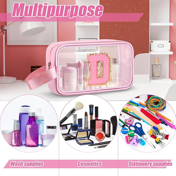 Initial Makeup Bag,Letter D Cute Clear Monogrammed Cosmetic Travel Bag for Womens Girls,Personalized Pink Aesthetic Traveling Make Up Organizer Bag for Beach,Waterproof Toiletry Bag