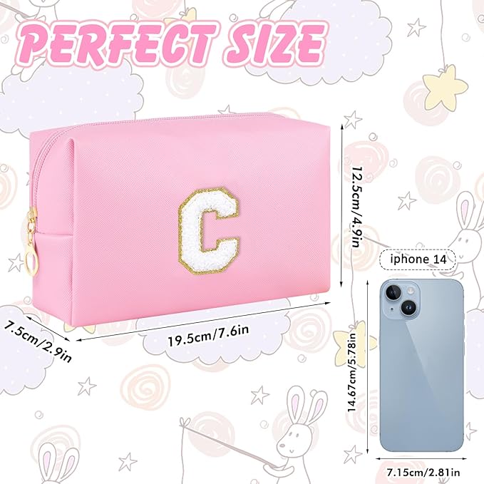 Initial Makeup Bag Personalized Cosmetic Bag with Zipper Cute Travel Toiletry Bag PU Waterproof Makeup Pouch Monogrammed Birthday Gift for Women Preppy Stuff for Teen Girls (Pink C)