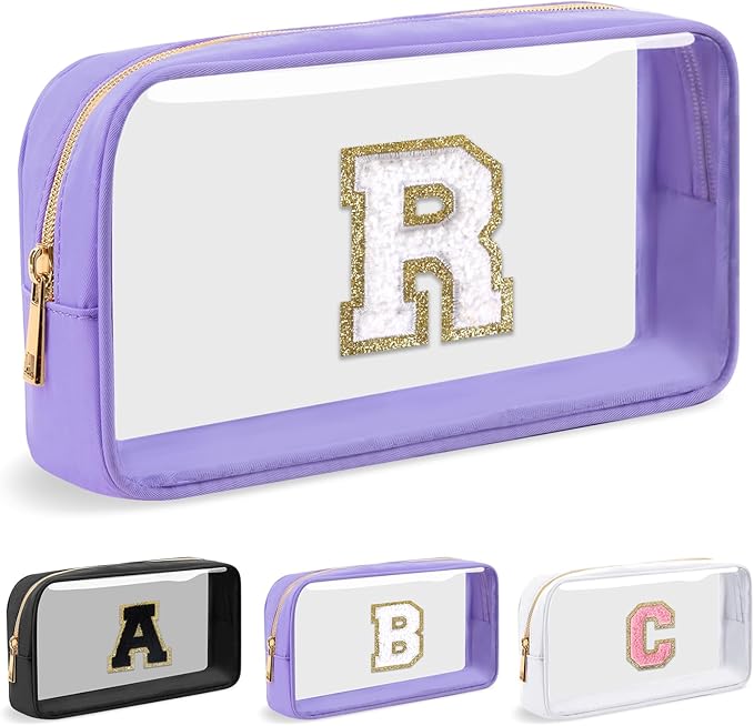 Personalized Initial Letter Clear Makeup Bag,Preppy Small Nylon&PVC Cosmetic Zipper Bag with Chenille Letter,Travel Skincare Toiletry Bag,Monogram Christmas Gift for Teen Girls Women,R