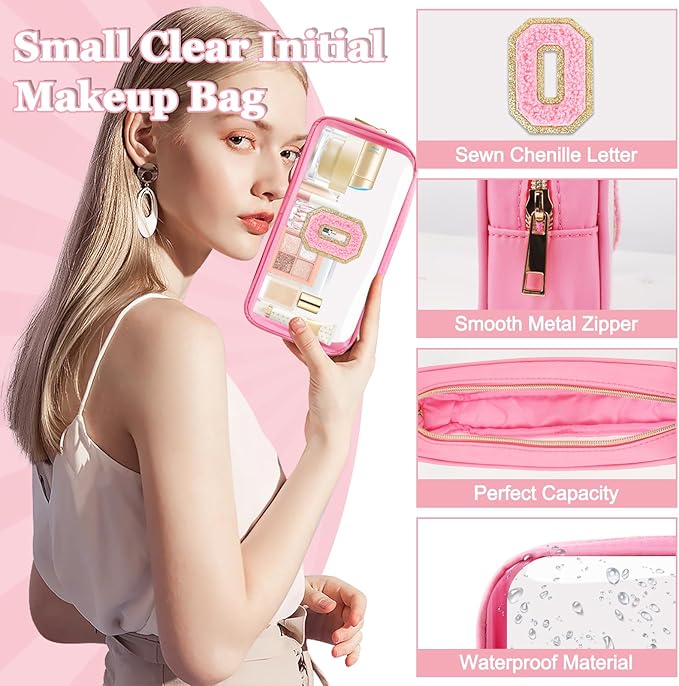 Small Clear Personalized Initial Makeup Bag, Preppy Nylon A-Z Chenille Letter Patch Makeup Organizer TSA Approved Travel Toiletry Bag,Waterproof Zip Beach Cosmetic Pouch Purse for Women(Pink-Pink O)