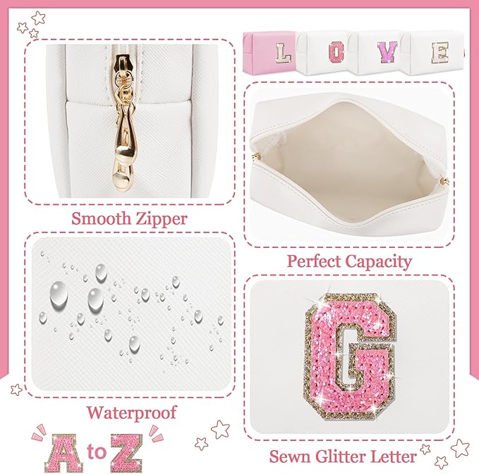 Initial Letter Patch Makeup Bag, Preppy Glitter Pouch Cosmetic Bag, Small PU Travel Toiletry Bag Zipper, Personalized Monogrammed Gift for Friends, Sister, Cute Stuff for Women, Teen Girls