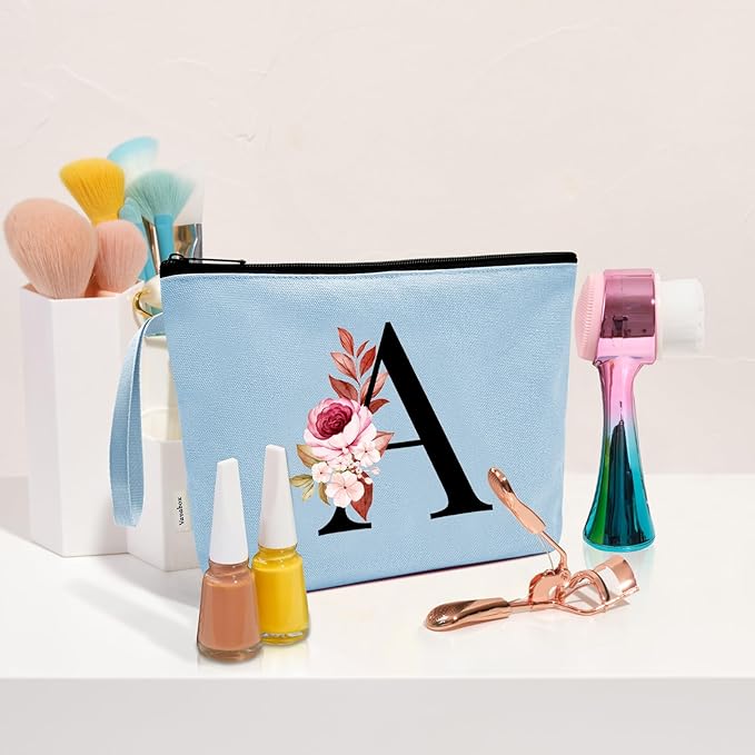 Vavabox A-Z Personalized Makeup Bag, Birthday Gifts for Women Mom, Gifts for Best Friend, Bride Bridesmaid Cosmetic bag (H, Blue)