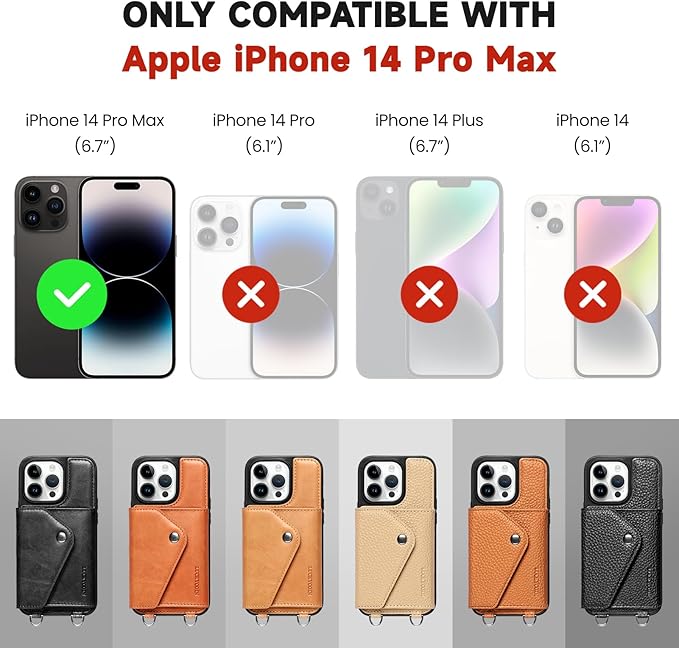 LUCKYCOIN Crossbody Wallet Phone Case for iPhone 14 Pro Max,100% Genuine Leather Wallet Phone Case with Expandable Flip Card Holder,Phone Purse for Women with Adjustable Removable Strap - Pebble Brown