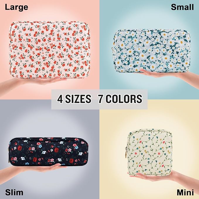 Nylon Small Floral Makeup Bag Slim Pouch, Preppy Cute Makeup Brush Bag Pink Makeup Bag Flower Cosmetic Zipper Pouch for Purse, Waterproof Travel Toiletry Bag Make Up Organizer for Women(Pink-Floral)