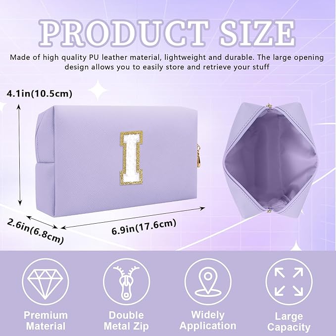 Iqimott Personalized Initial Letter Patch Makeup Bag, Preppy Small Chenille Letter Cosmetic Bag with Zipper, PU Leather Waterproof Travel Toiletry Bag Monogram Make Up Pouch for Women Girls(Letter I)