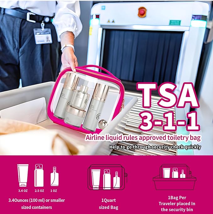 TSA Approved Travel Toiletry Bag,3 Pack Clear Makeup Bags with Handles,Quart Size Clear Cosmetic Bags for Traveling Women,Men,Carry on Airport Airline Compliant Bag,Rose Red
