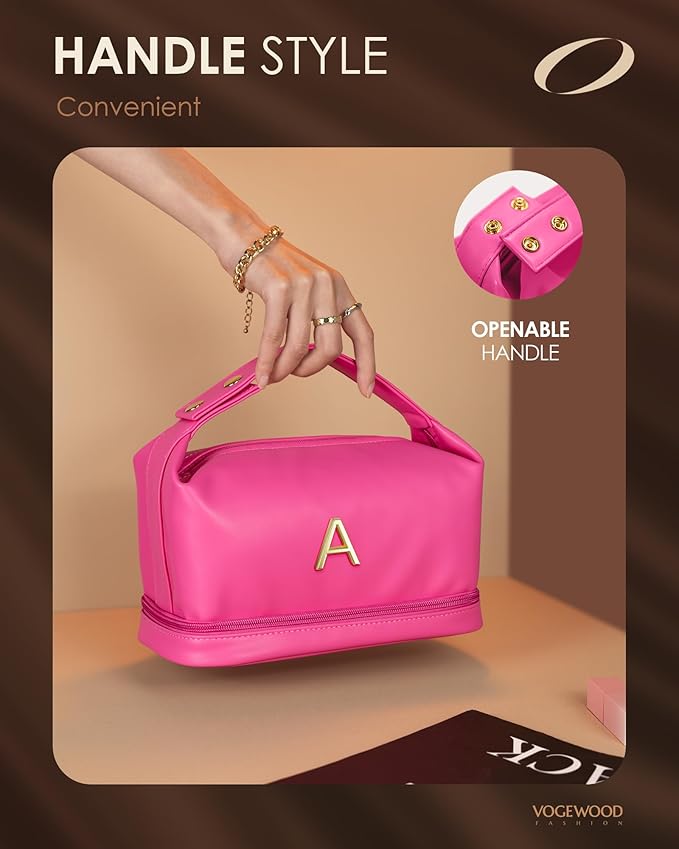 Teen Girl Gifts Trendy Stuff, Personalized Makeup Bag with Handle, Initial Double Layer Cosmetic Bag with Makeup Brush Organizer, Cute Cosmetic Pouch for Women, Gift Ideas for Co Workers