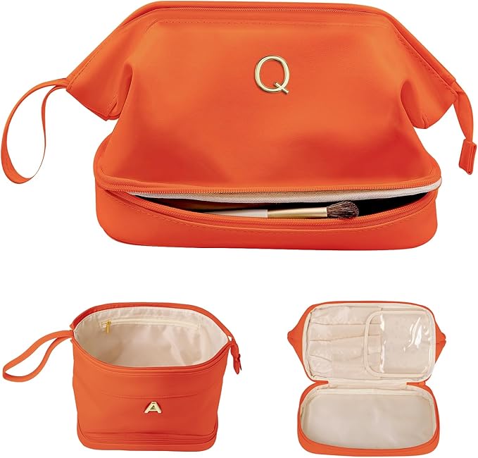 Bridesmaid Gift, Initial Makeup Bags, Personalized Double Layer Cosmetic Bag with Makeup Brush Organizer, Waterproof, Large Capacity PU Leather Travel Toiletry Bag