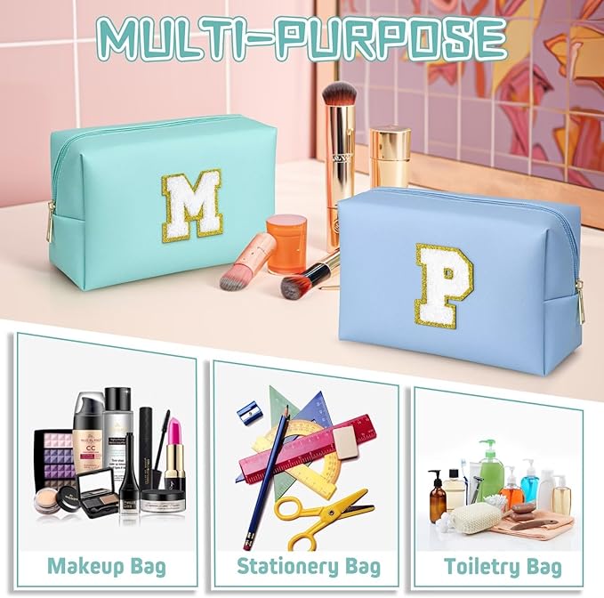 TOPEAST Initial Cosmetic Bag, PU Leather Waterproof Travel Toiletry Bag, Monogrammed Gifts for Women, Personalized Birthday Gift for Sister Friends, Cute Stuff for Girls (Blue K)