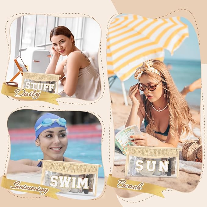 Small Boho Straw Clear Swim Makeup Bags for Women&Girls, Zipper Cosmetic Bag Chenille Varsity Letter Patch Bag, Preppy Cute Toiletry Pouch, Trendy Organizer Storage Bag for Beach Travel Essentials