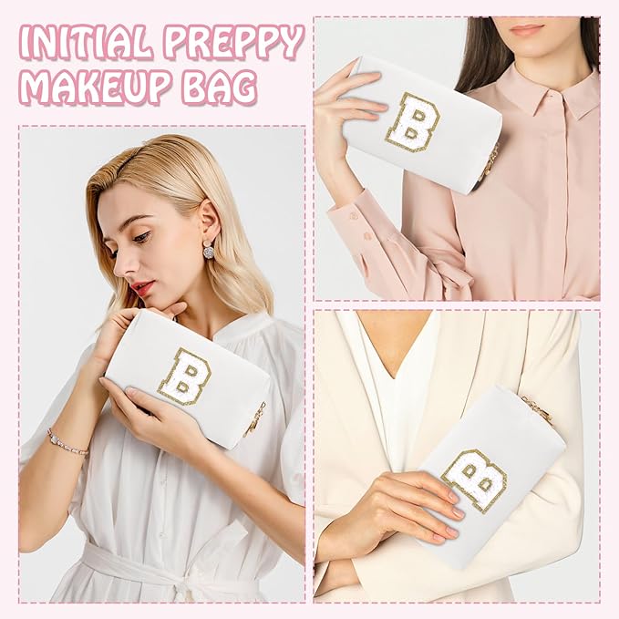 Small Initial Preppy Makeup Bag Organizer, White Cute Chenille Letter Cosmetic Zipper Pouch Toiletry Bags for Traveling, Waterproof PU Makeup Pouch Personalized Gifts for Bride Bridesmaid(Letter B)