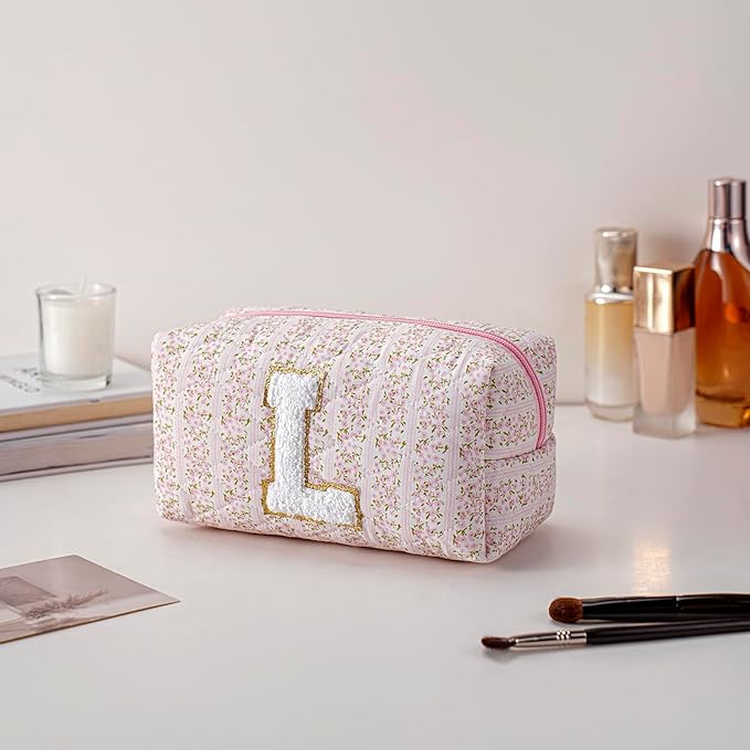 JOVAKIT Makeup Bag Cosmetic Bags for Women, Christmas Gifts for Girls Age 6-18, Alphabet Pink Floral Coquette Zipper Travel Makeup Pouch, Organizer Case Trendy Stuff (Pink Floral L)