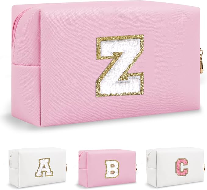 Small Initial Preppy Makeup Bag, Personalized Cute Pink Cosmetic Organizer Chenille Letter Travel Toiletry Zipper Pouch, Waterproof PU Make Up Case Birthday Gifts for Women Best Friend Mom(Letter Z)