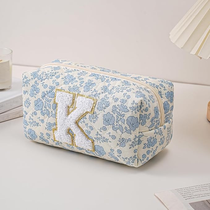 JOVAKIT Alphabet Makeup Bag Cosmetic Bag for Women, Christmas Gifts for Girls Age 6-18, Floral Flowers Coquette Travel Toiletry Zipper Make Up Pouch Organizer Trendy Stuff (2Pcs Blue Floral K)