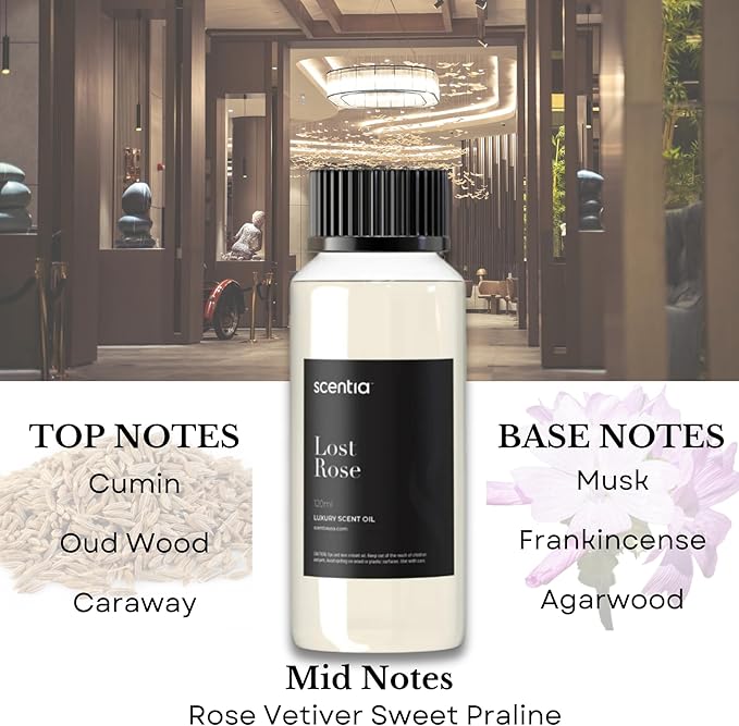 Scentia Hotel Diffuser Oil Inspired by Fairmont Hotel Scent - 120 mL 4.06 fl oz - Refill Diffuser Oil Blend Rose, Oud Wood & Clove Notes for Aromatherapy Diffusers - Lost Rose, Thanksgiving Gift