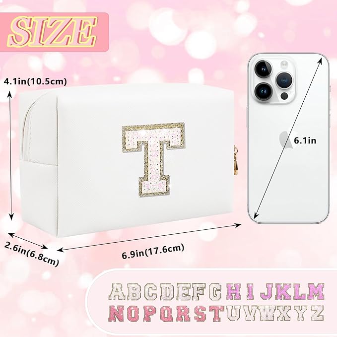 Personalized Initial Letter Makeup Bag, Small Preppy Glitter Cosmetic Pouch PU Waterproof Zipper Travel Toiletry Bag, Unique Letter Patch Makeup Organizer Gift for Women Teen Girls