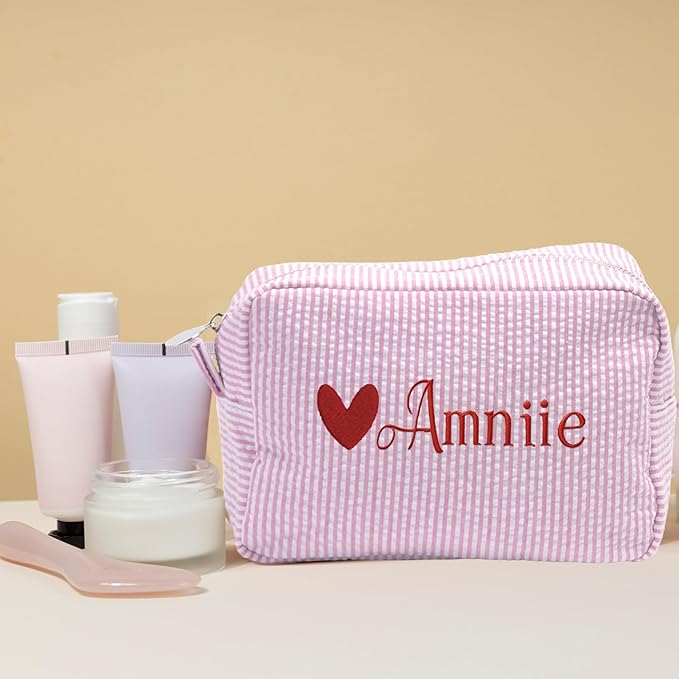 Custom Makeup Bag Personalized Cosmetic Bag Cute Seersucker Travel Toiletry Bag for Women Embroidered Bag Organizer for Bride Makeup Bag Gift Pink
