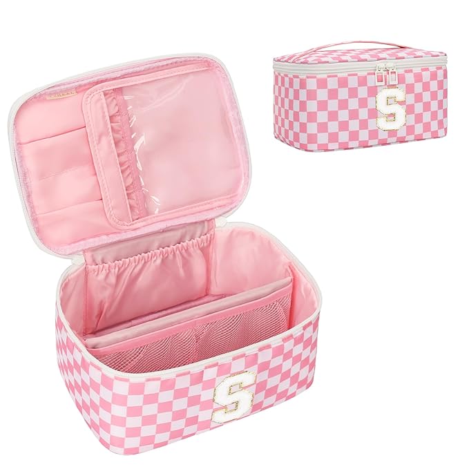 OCHEAL Makeup Bag for Women, Monogram Cosmetic Bag with Brush Holder, Pink Travel Makeup Case Beauty Toiletry Bag Organizer Personalized Gifts for Girls Bridesmaid, Sister, Wife, Friends Initial S