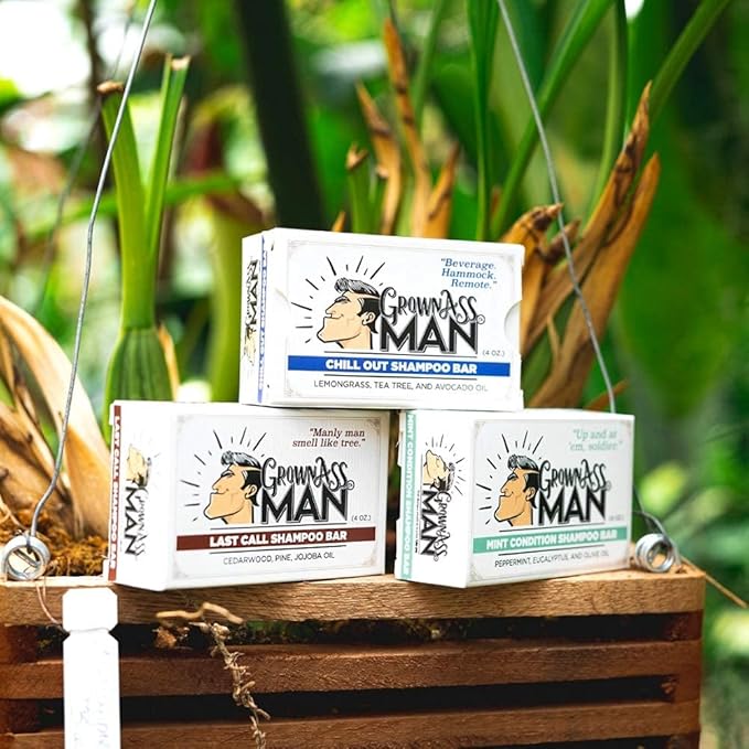 Grown Ass Man Co. - Solid Shampoo Bar Rich Lather 3 in 1: Hair, Beard & Body Wash - Plastic Free & Eco-Friendly, Natural & Organic Clean for All Hair Types, 4oz Bar (Chill Out, Single)