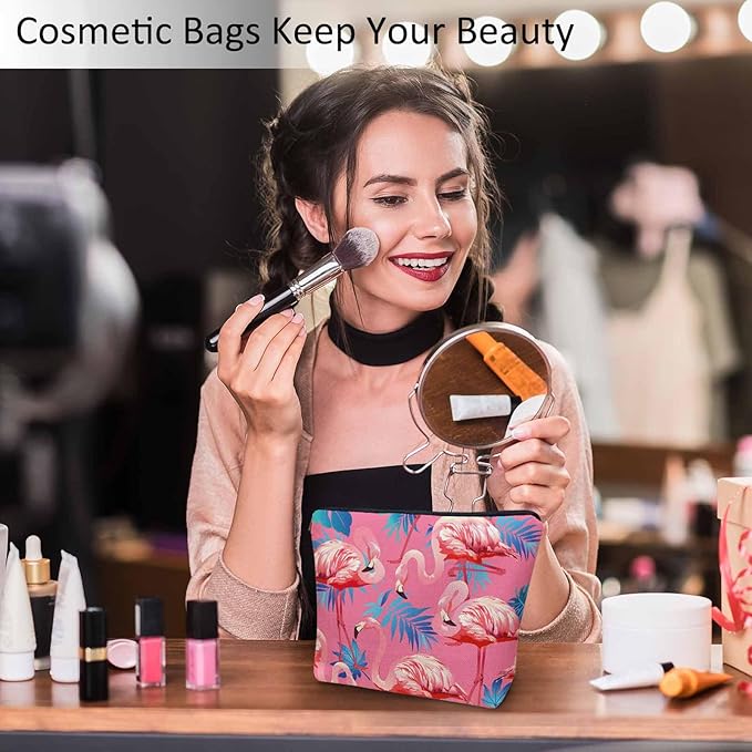 Flamingo Makeup Bag For Women, Adorable Cosmetic Pouch With Tropical Leaves Palms Pattern, Pink Zipper Travel Toiletry Organizer For Gym and Bathroom
