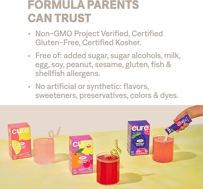 Cure Hydration - Kids Electrolyte Drink Mix | Plant-Based Pediatrician Formulated Rehydration | No Added Sugar, FSA-HSA, Non-GMO, Gluten-Free, No Artificial Flavors | 15 Packets - Variety Pack