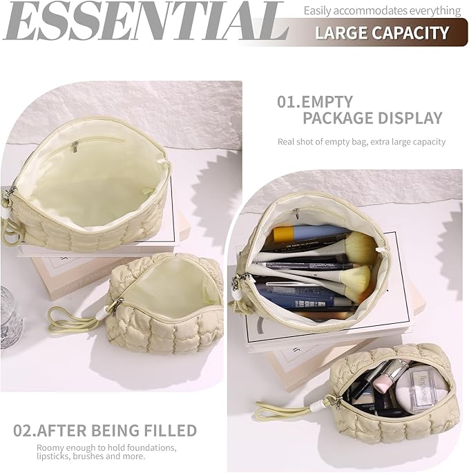Richeart Makeup Bag Travel Toiletry Bag - Checkered Down Cotton Makeup Pouch for Women with Cosmetic and Pencil, Aesthetic Khaki Design, Small