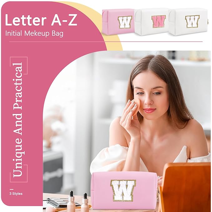 Personalized Initial A-Z Preppy Patch Makeup Bag,Small PU Chenille Letter Cosmetic Bag with Zipper for Teen Girls,Pink Cute Toiletry Organizer Bag,Monogram Makeup Case Gift for Women Girls,Letter W