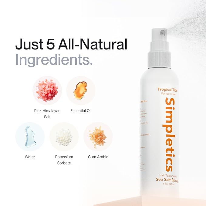 Simpletics Himalayan Sea Salt Hair Spray (Sandalwood Scent) – Natural 5-Ingredient Formula for Beach Waves & Volume – Light Hold, Non-Greasy, Paraben & Sulfate Free – Unisex 8 fl oz