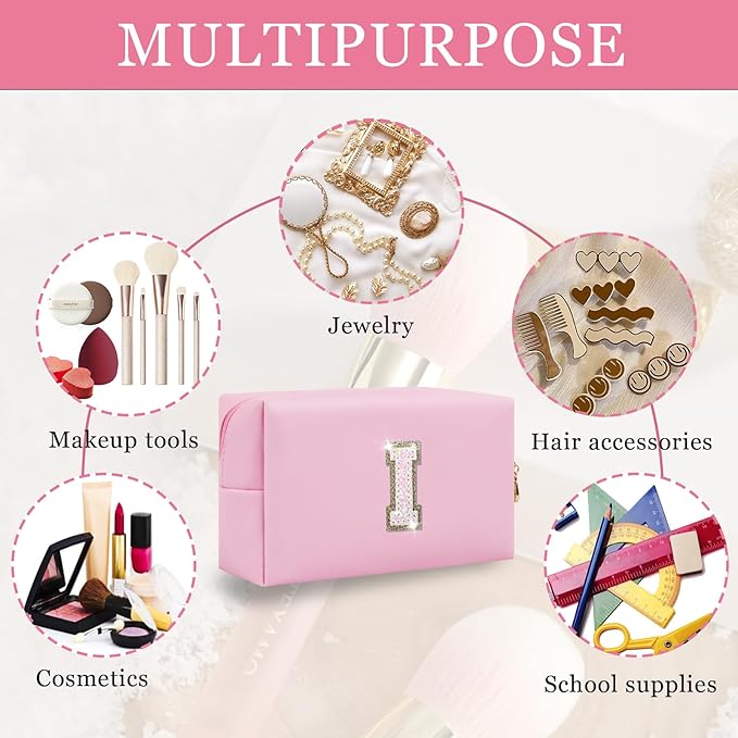 Initial Letter Patch Makeup Bag, Small Preppy A-Z Glitter Letter Cosmetic Bag, PU Leather Waterproof Travel Toiletry Bag, Cute Make Up Pouch Personalized Monogrammed Gift for Women Teen Girls