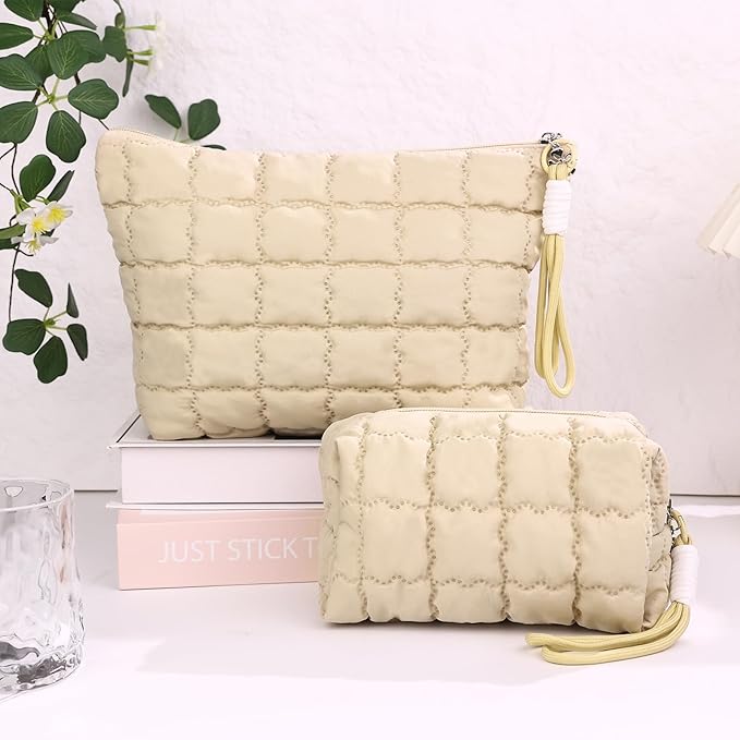 Richeart Makeup Bag Travel Toiletry Bag - Checkered Down Cotton Makeup Pouch for Women with Cosmetic and Pencil, Aesthetic Khaki Design, Small