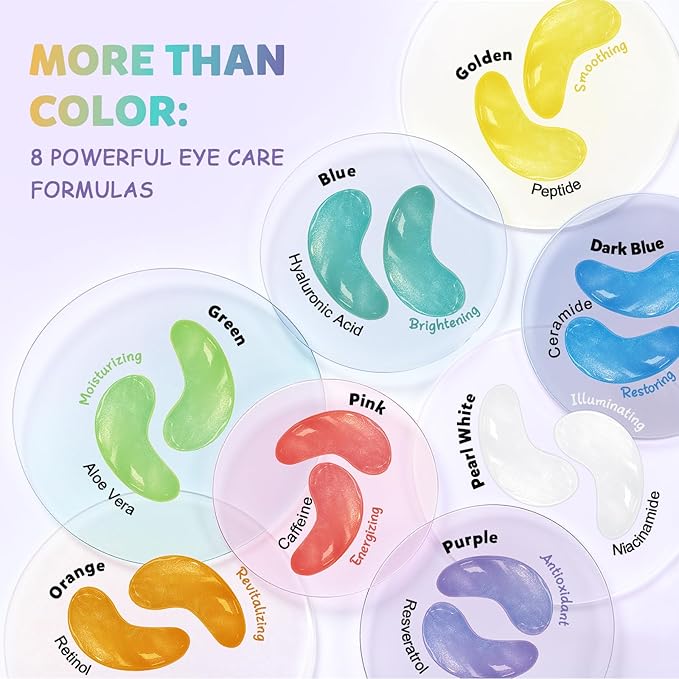 Under Eye Patches Variety Pack (48 Pairs), Eye Masks for Dark Circles Puffy Eyes Undereye Bags With 8 Colors (6 Pairs/Color), Vegan Eye Skin Care Set for Bachelorette Party Favors