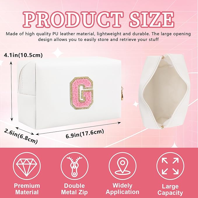 Personalized Initial Letter Patch Makeup Bag, Preppy Portable Chenille Letter Cosmetic Bag with Zipper, PU Leather Waterproof Travel Toiletry Bag Monogram Make Up Pouch for Women Girls(Letter G)