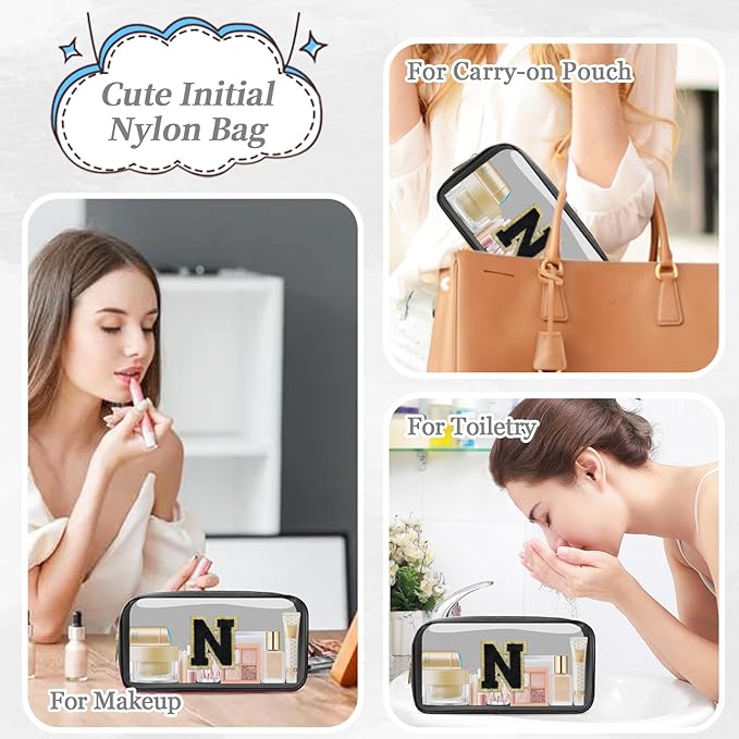Small Clear Personalized Initial Makeup Bag,Nylon Preppy A-Z Chenille Letter Patch Cosmetic Pouch Beach Toiletry Bag,Waterproof Zipper Travel Purse Storage Bag Organizer for Women Girls(Black-Black N)
