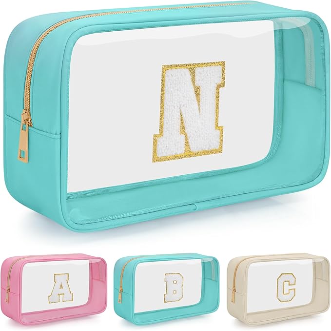 Personalized Initial Clear Makeup Bag, Travel Chenille Patch Cosmetic Bag, Preppy Toiletry Bag Monogram Cosmetic Pouch with Zipper, Ideal Gift for Teen Girls Women (Clear-Green, N)