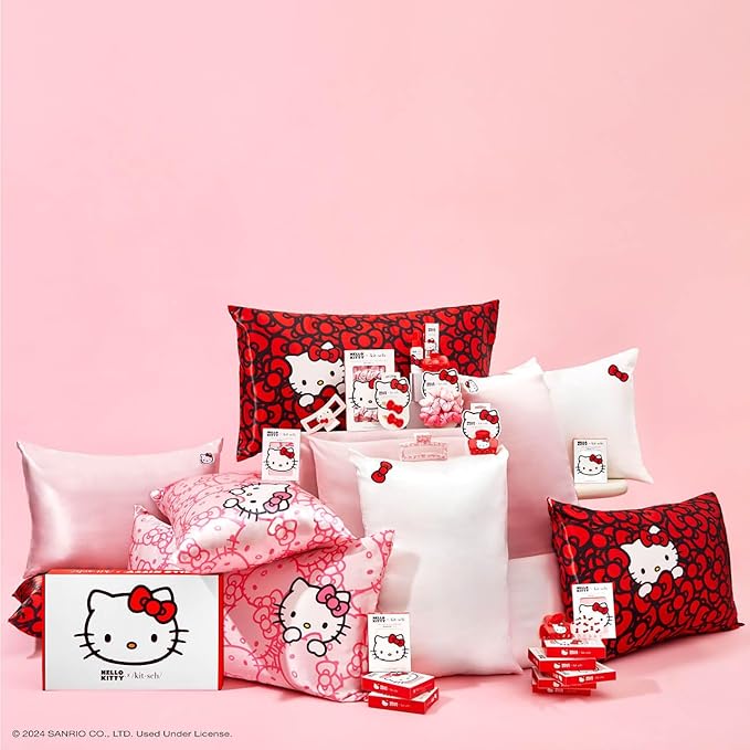 Kitsch x Hello Kitty (Pink Kitty Faces) - Satin Pillowcase with Zipper for Hair and Skin, Softer Than Silk, Smooth Cooling Pillow Covers, Machine Washable, King Size (19x36)