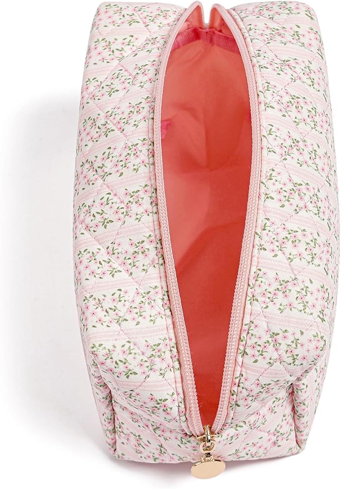 JOVAKIT Square Makeup Bag Cute Cosmetic Bag for Women, Floral Coquette Aesthetic Toiletry Bag, Zipper Make Up Pouch, Travel Make Up Organizer Bag (Pink Floral+Pink Bow Tie)