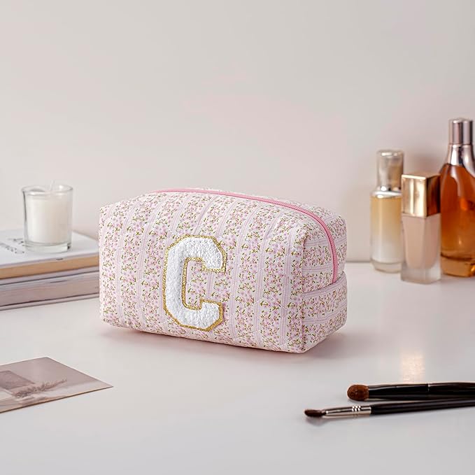 JOVAKIT Alphabet Makeup Bag Cosmetic Bag for Women, Christmas Gifts for Girls Age 6-18, Floral Flowers Coquette Travel Toiletry Zipper Make Up Pouch Organizer Trendy Stuff (Pink Floral C)