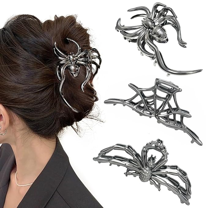 3 Pieces Large Metal Spider Net Hand Hair Claw Clips for Women and Girls Thick Long Hair, Nonslip Skeleton Spooky Barrette Headband Hair Styling Accessories for Halloween Christmas Gifts