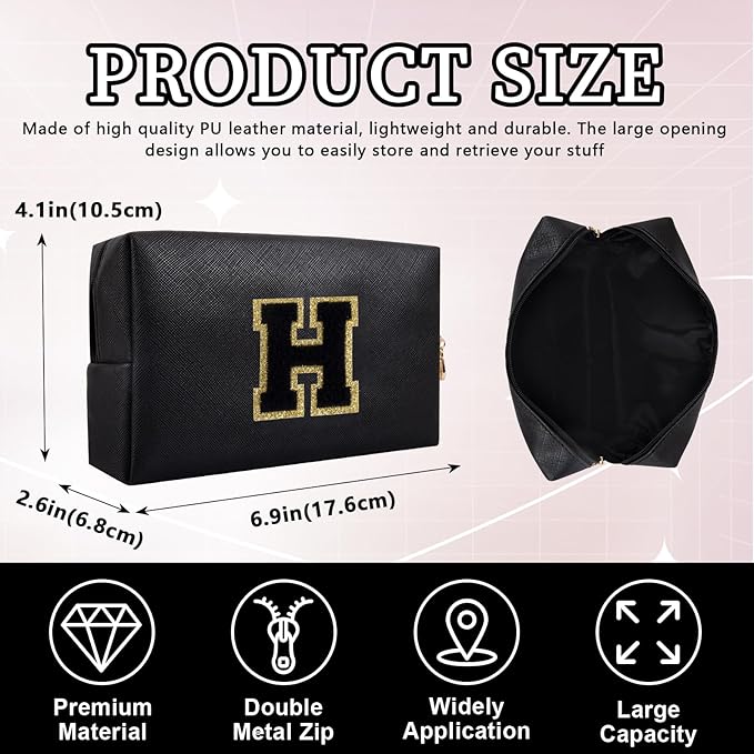 Personalized Initial Letter Patch Makeup Bag, Preppy Portable Chenille Letter Cosmetic Bag with Zipper, PU Leather Waterproof Travel Toiletry Bag Monogram Make Up Pouch for Women Girls
