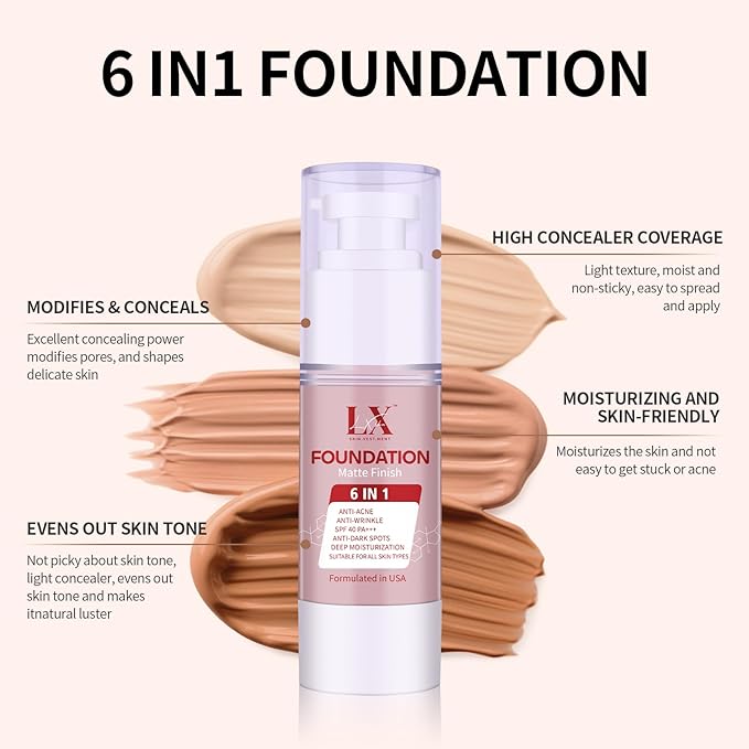 6-in-1 Makeup Infused with 1% Hyaluronic Acid- Matte + Poreless Liquid Foundation For A Glowing & Soft-Focus Look, Suitable for All Skin Types (101 Light, 6-in-1 Makeup Foundation)